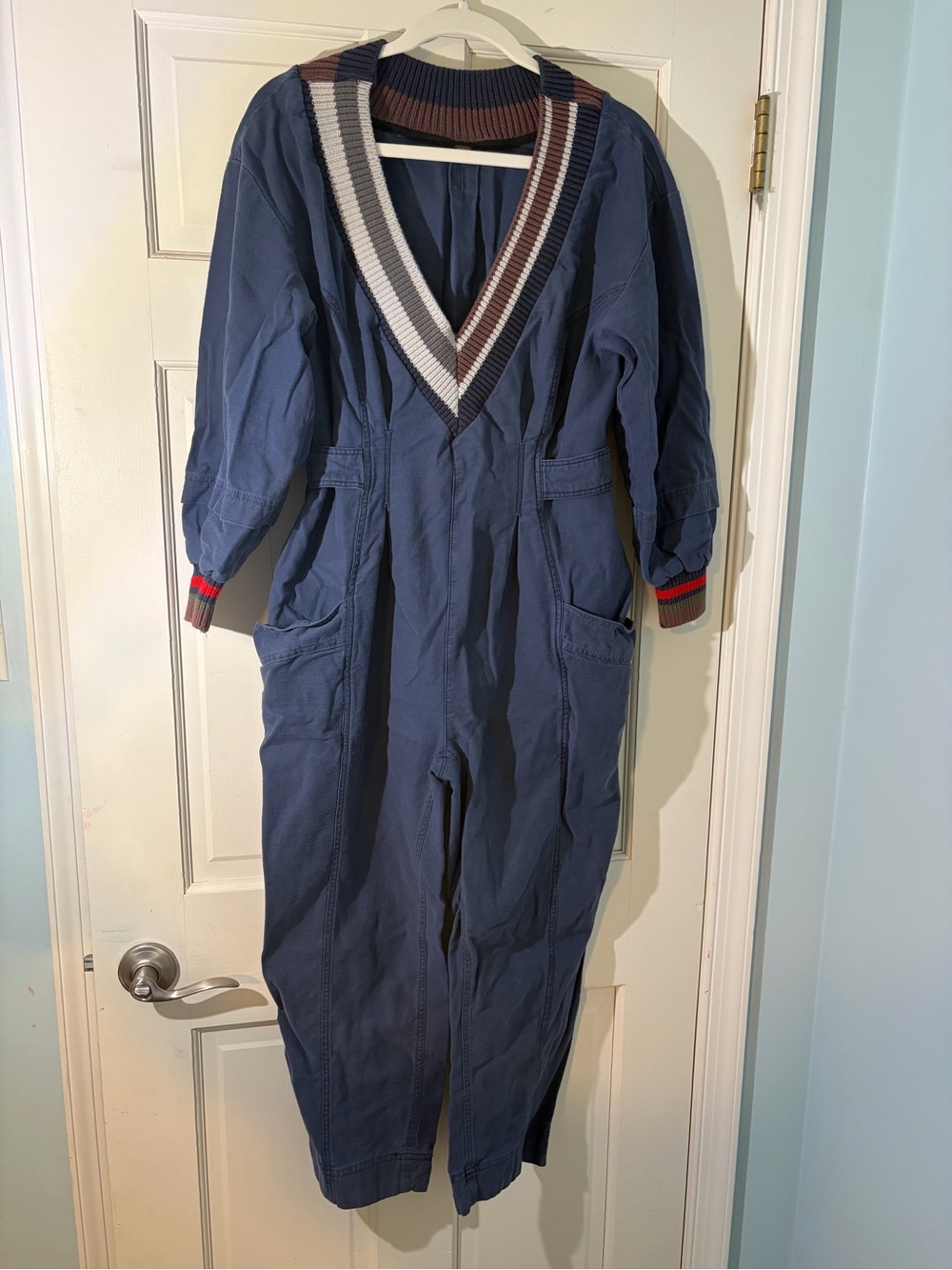 Free People Retro Utility Jumpsuit Navy Varsity Stripes Knit XS